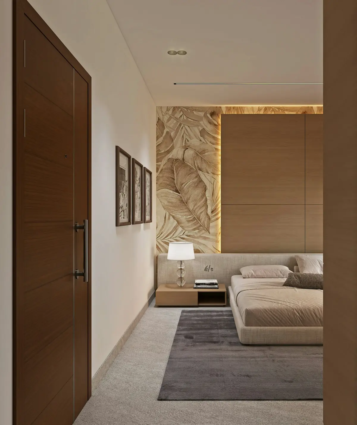Σχεδιασμός master bedroom με custom ξύλινη επένδυση, κρυφό φωτισμό και walk-in closet σε μονοκατοικία στο Ψυχικό